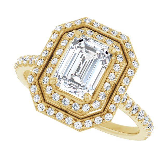 AMALIA Double Halo Emerald Engagement Ring with Shoulder Diamonds - 18K Yellow Gold - View 5