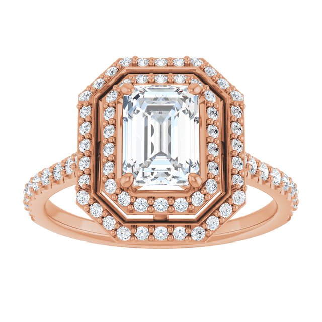 AMALIA Double Halo Emerald Engagement Ring with Shoulder Diamonds - 18K Rose Gold - View 3