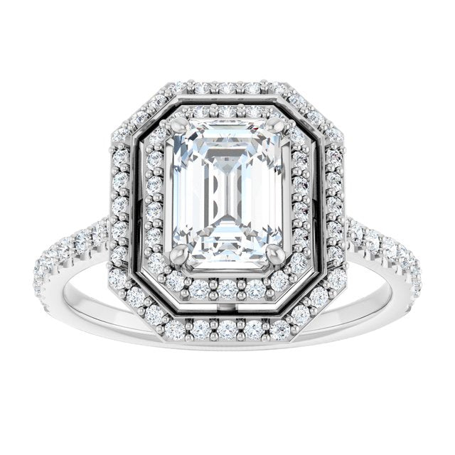 AMALIA Double Halo Emerald Engagement Ring with Shoulder Diamonds - Platinum - View 3