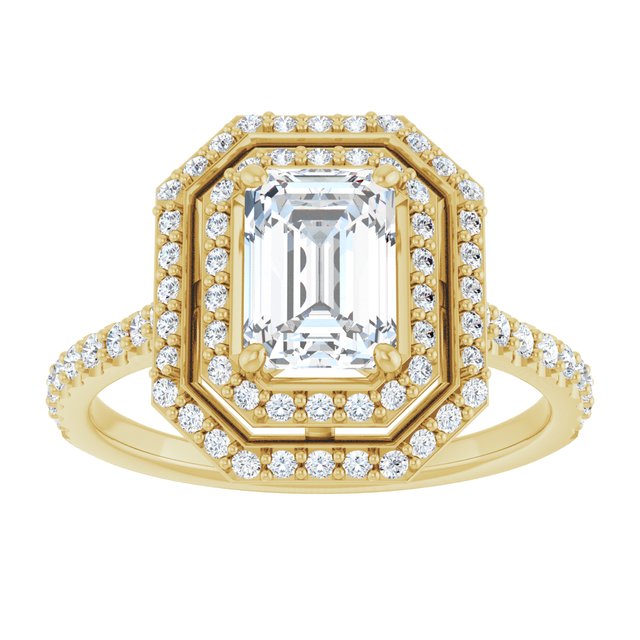 AMALIA Double Halo Emerald Engagement Ring with Shoulder Diamonds - 18K Yellow Gold - View 3