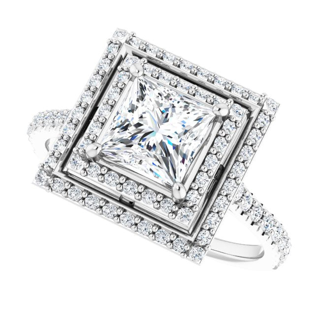 AMALIA Double Halo Square Engagement Ring with Shoulder Diamonds - 18K White Gold - View 5