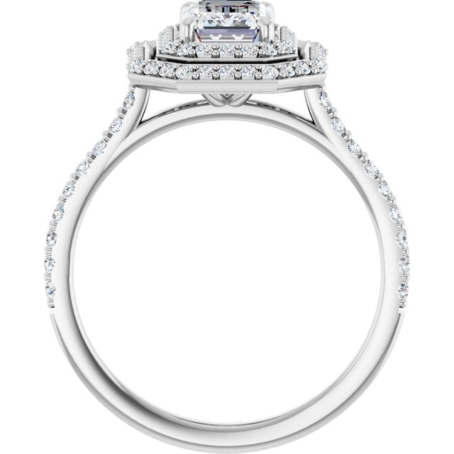 AMALIA Double Halo Emerald Engagement Ring with Shoulder Diamonds - Platinum - View 2