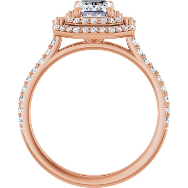 AMALIA Double Halo Emerald Engagement Ring with Shoulder Diamonds - 18K Rose Gold - View 2