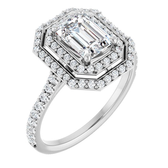 AMALIA Double Halo Emerald Engagement Ring with Shoulder Diamonds - Platinum - View 1