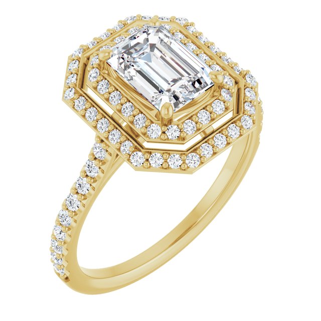AMALIA Double Halo Emerald Engagement Ring with Shoulder Diamonds - 18K Yellow Gold - View 1