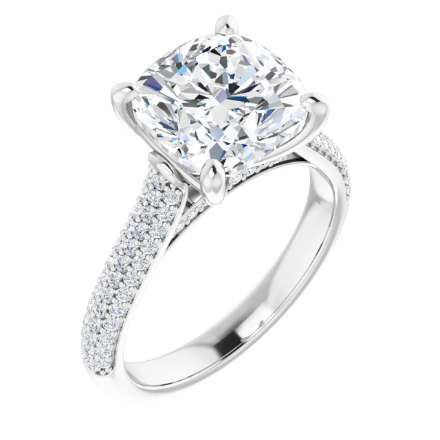 EMILY Solitaire Cushion Engagement Ring with Pave Band - Platinum - View 1