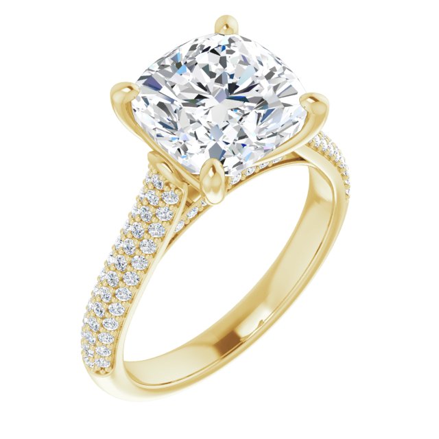 EMILY Solitaire Cushion Engagement Ring with Pave Band - 18K Yellow Gold - View 1