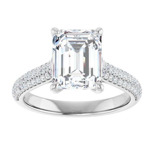EMILY Solitaire Emerald Engagement Ring with Pave Band - Platinum - View 3