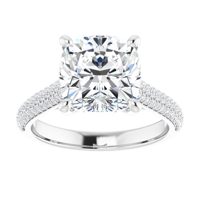 EMILY Solitaire Cushion Engagement Ring with Pave Band - Platinum - View 3