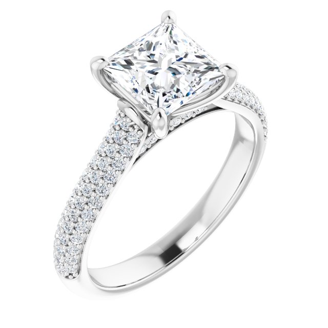 EMILY Solitaire Square Engagement Ring with Pave Band - Platinum - View 1