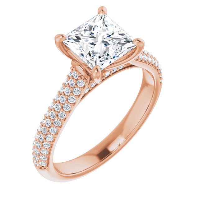 EMILY Solitaire Square Engagement Ring with Pave Band - 18K Rose Gold - View 1