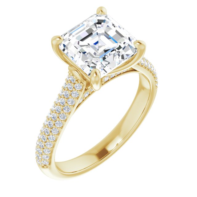 EMILY Solitaire Asscher Engagement Ring with Pave Band - 18K Yellow Gold - View 1