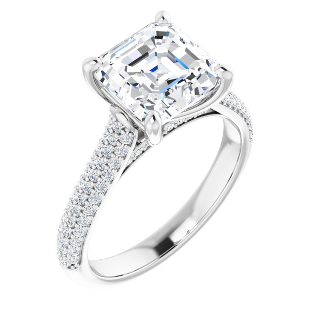 EMILY Solitaire Asscher Engagement Ring with Pave Band - Platinum - View 1