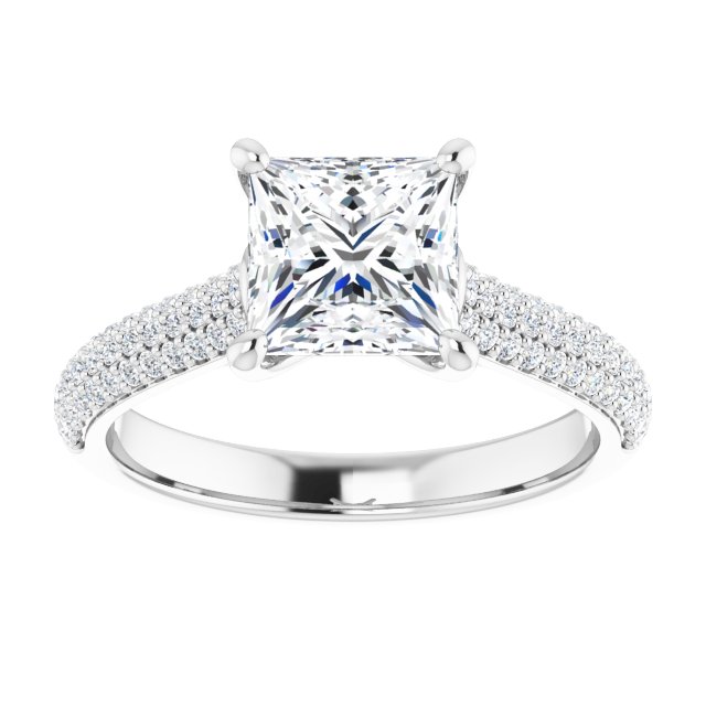 EMILY Solitaire Square Engagement Ring with Pave Band - Platinum - View 3