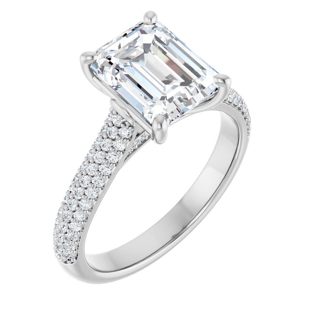 EMILY Solitaire Emerald Engagement Ring with Pave Band - Platinum - View 1