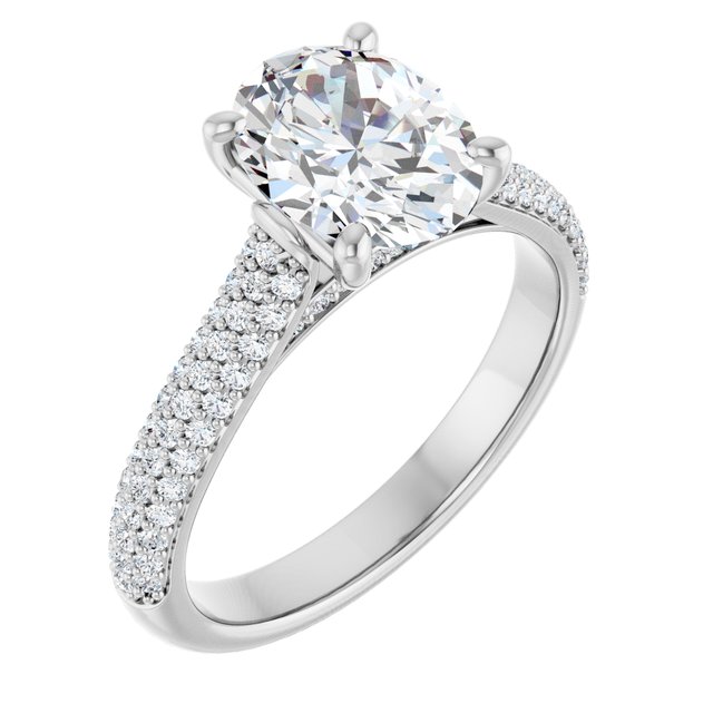 EMILY Solitaire Oval Engagement Ring with Pave Band - Platinum - View 1