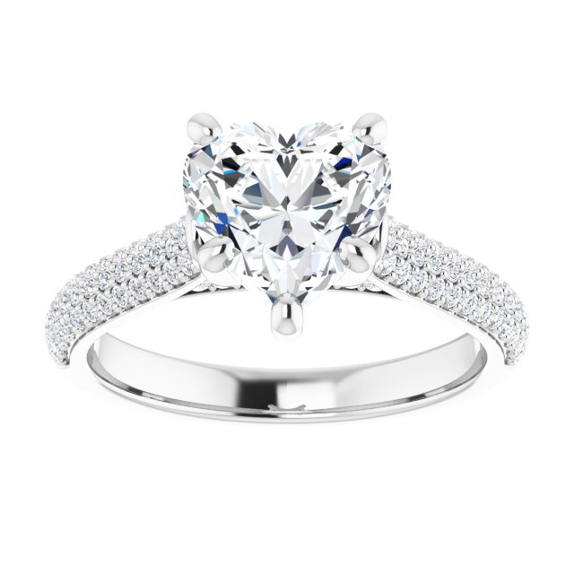 EMILY Solitaire Heart Engagement Ring with Pave Band - Platinum - View 3