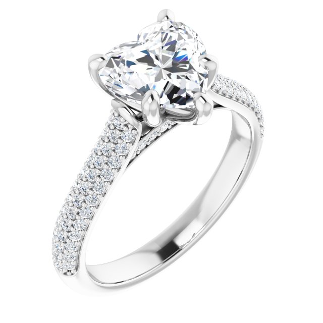EMILY Solitaire Heart Engagement Ring with Pave Band - Platinum - View 1