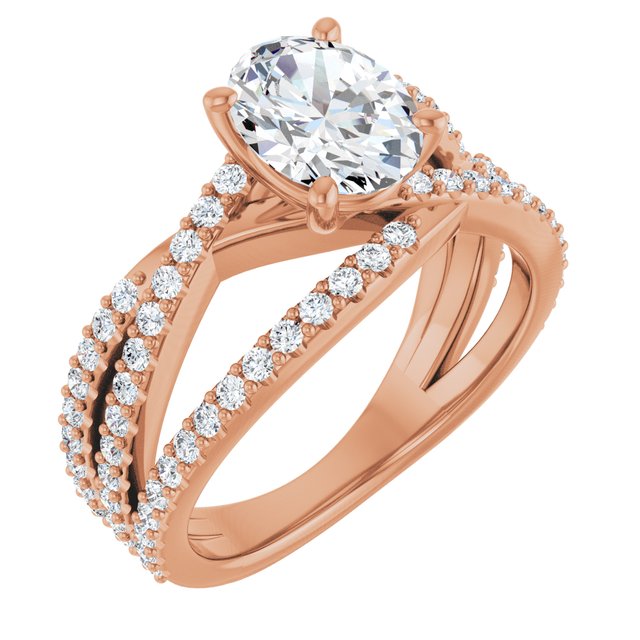 TARA Soliatre Oval Engagement Ring with Diamond Set Cross-Over Band - 18K Rose Gold - View 1