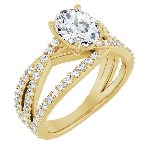 TARA Soliatre Oval Engagement Ring with Diamond Set Cross-Over Band - 18K Yellow Gold - View 1