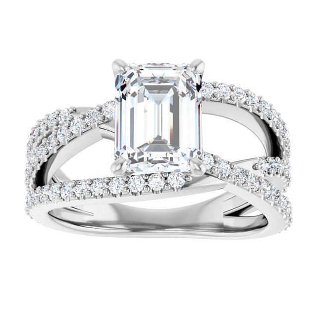 TARA Soliatre Emerald Engagement Ring with Diamond Set Cross-Over Band - Platinum - View 3