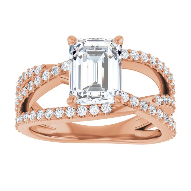TARA Soliatre Emerald Engagement Ring with Diamond Set Cross-Over Band - 18K Rose Gold - View 3
