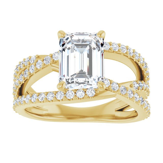 TARA Soliatre Emerald Engagement Ring with Diamond Set Cross-Over Band - 18K Yellow Gold - View 3