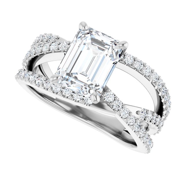 TARA Soliatre Emerald Engagement Ring with Diamond Set Cross-Over Band - Platinum - View 5
