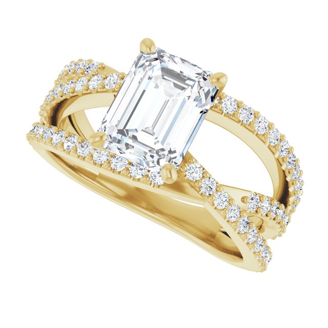 TARA Soliatre Emerald Engagement Ring with Diamond Set Cross-Over Band - 18K Yellow Gold - View 5