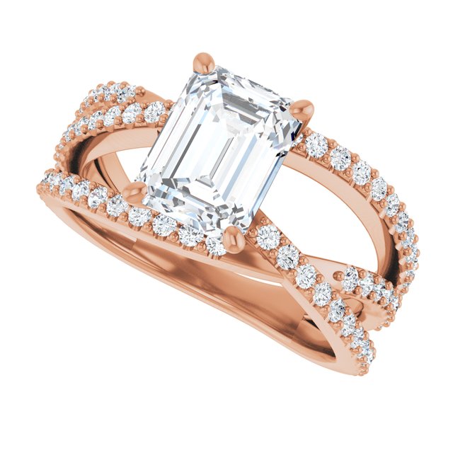 TARA Soliatre Emerald Engagement Ring with Diamond Set Cross-Over Band - 18K Rose Gold - View 5