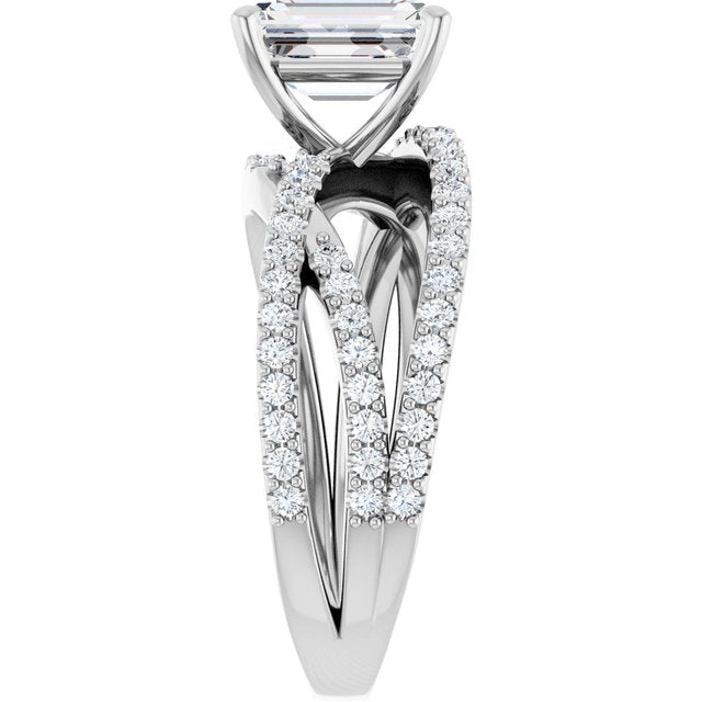 TARA Soliatre Emerald Engagement Ring with Diamond Set Cross-Over Band - Platinum - View 4