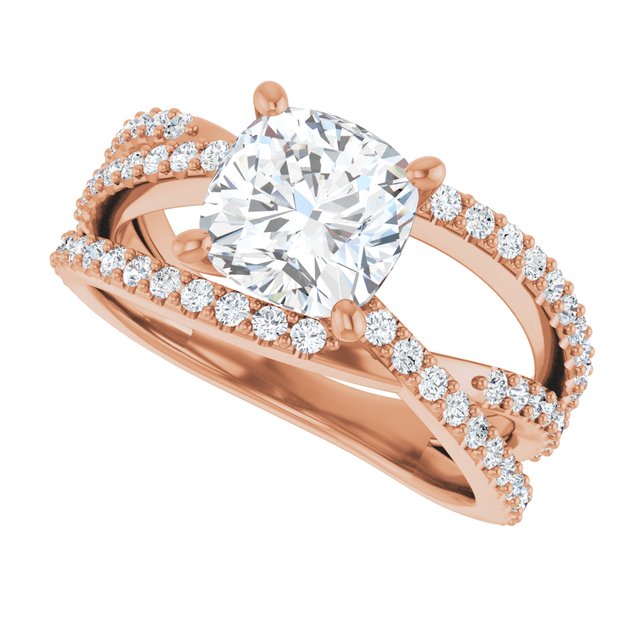 TARA Soliatre Cushion Engagement Ring with Diamond Set Cross-Over Band - 18K Rose Gold - View 5