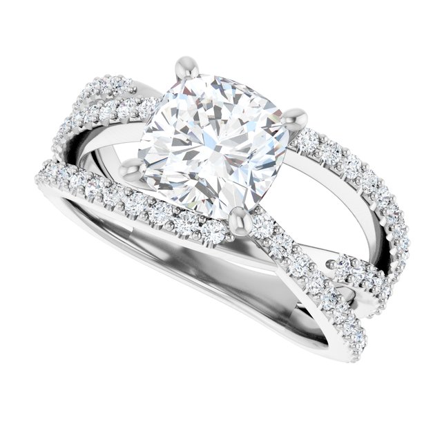 TARA Soliatre Cushion Engagement Ring with Diamond Set Cross-Over Band - Platinum - View 5