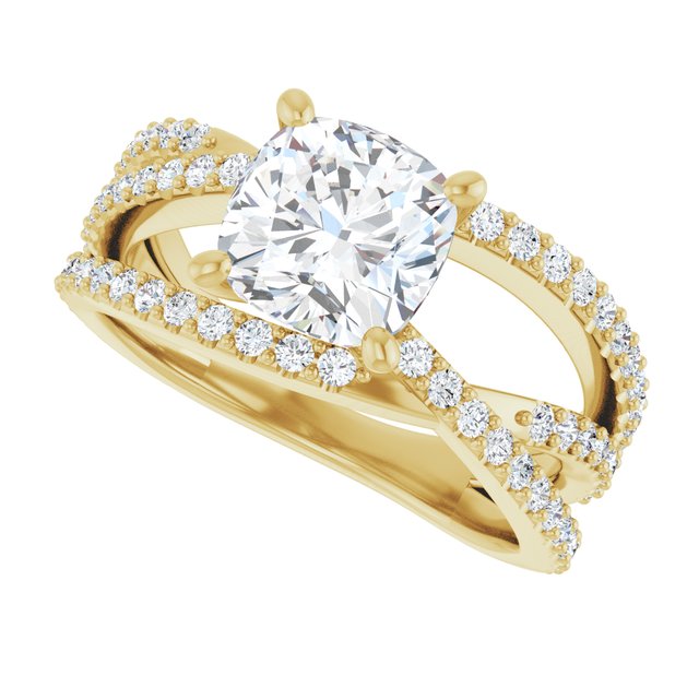 TARA Soliatre Cushion Engagement Ring with Diamond Set Cross-Over Band - 18K Yellow Gold - View 5
