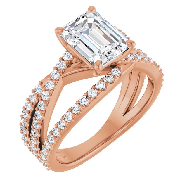 TARA Soliatre Emerald Engagement Ring with Diamond Set Cross-Over Band - 18K Rose Gold - View 1