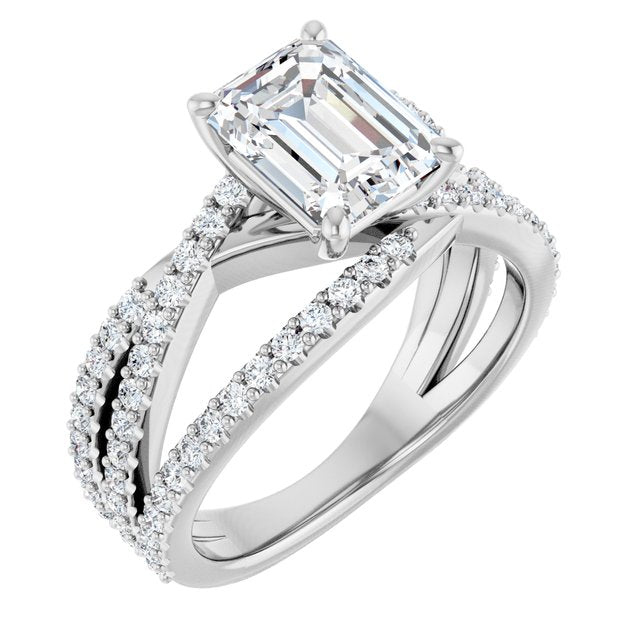 TARA Soliatre Emerald Engagement Ring with Diamond Set Cross-Over Band - Platinum - View 1