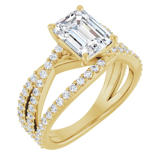 TARA Soliatre Emerald Engagement Ring with Diamond Set Cross-Over Band - 18K Yellow Gold - View 1