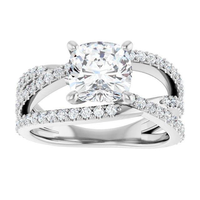 TARA Soliatre Cushion Engagement Ring with Diamond Set Cross-Over Band - Platinum - View 3