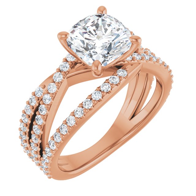 TARA Soliatre Cushion Engagement Ring with Diamond Set Cross-Over Band - 18K Rose Gold - View 1