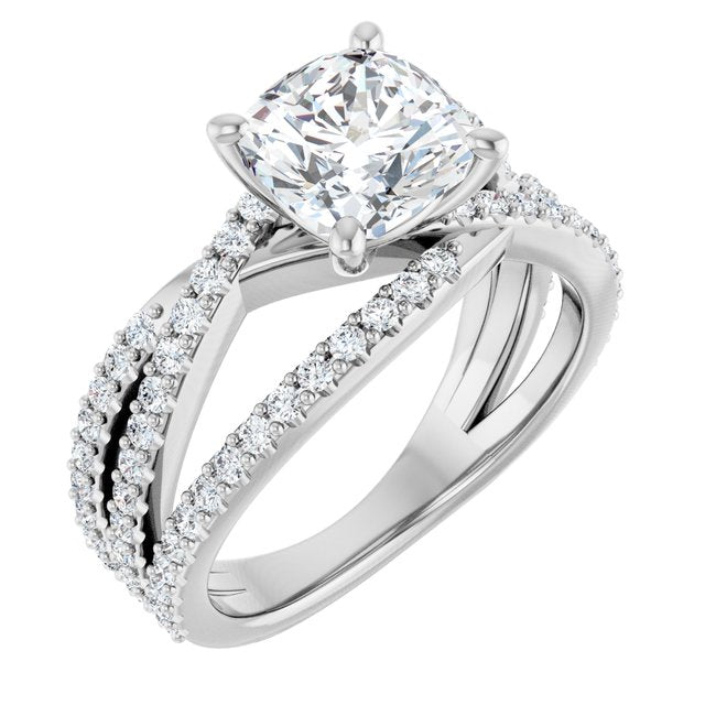 TARA Soliatre Cushion Engagement Ring with Diamond Set Cross-Over Band - Platinum - View 1