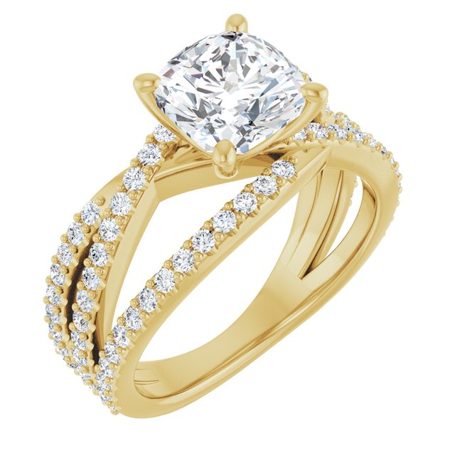 TARA Soliatre Cushion Engagement Ring with Diamond Set Cross-Over Band - 18K Yellow Gold - View 1