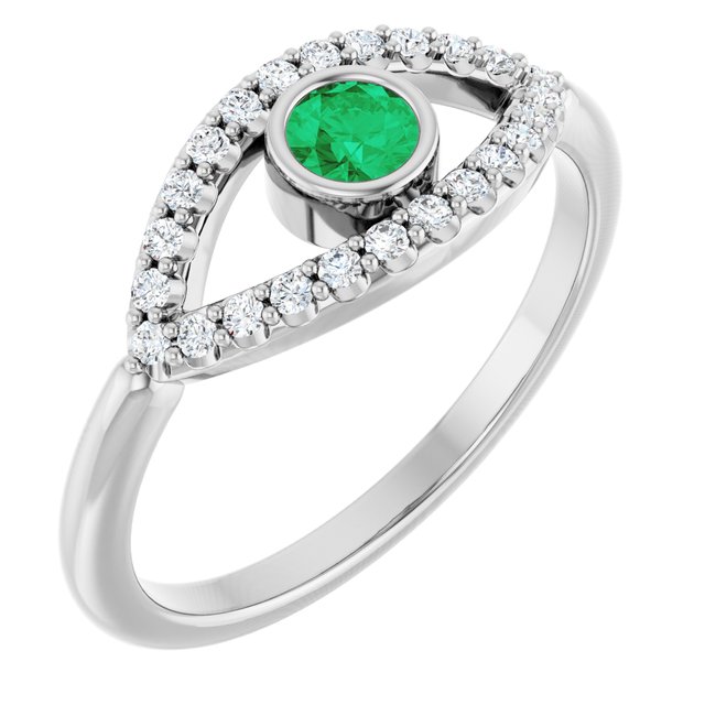 10K White Gold Lab-Grown Emerald 3.5 mm 10K White Lab-Grown Emerald & Natural White Sapphire Evil Eye Ring Jewelry