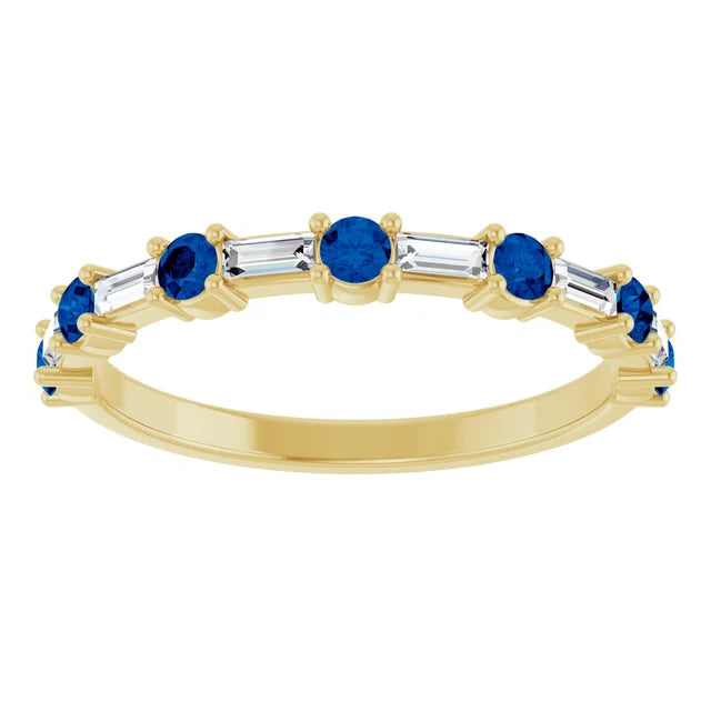 10K Rose Gold Lab-Grown Blue Sapphire 3mm x 1.25mm SEQUENCE Baguette and round diamond and gemstone band Jewelry