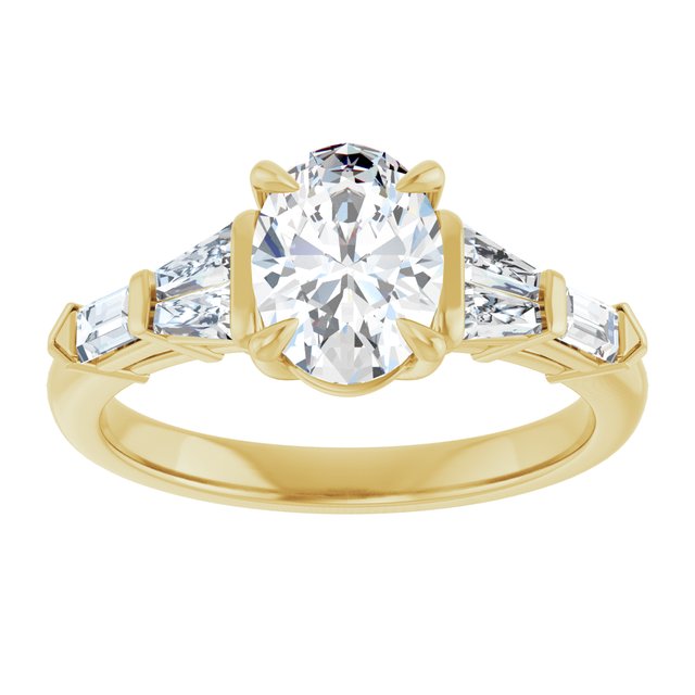 PENELOPE Solitaire Oval Engagement Ring with Tapered & Straight Baguettes - 18K Yellow Gold - View 3