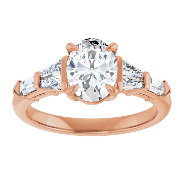 PENELOPE Solitaire Oval Engagement Ring with Tapered & Straight Baguettes - 18K Rose Gold - View 3