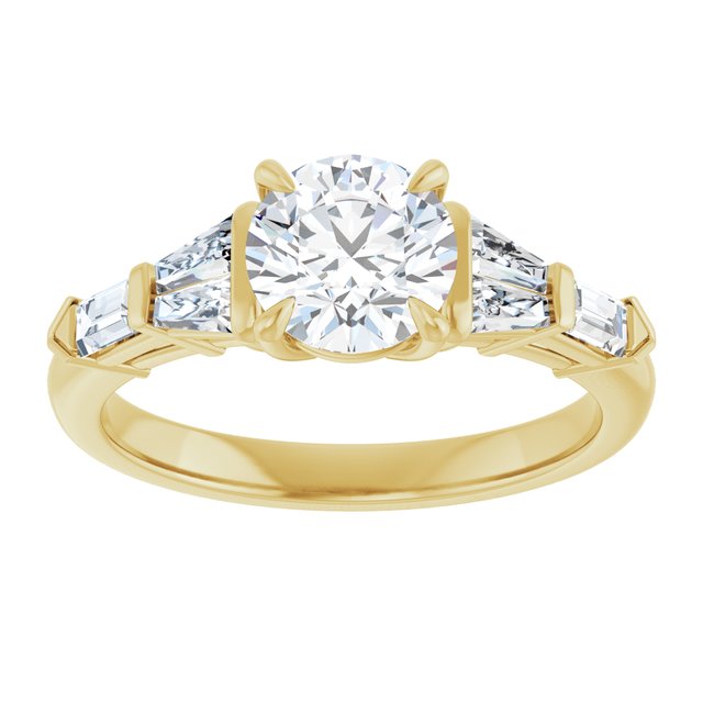 PENELOPE Solitaire Round Engagement Ring with Tapered & Straight Baguettes - 18K Yellow Gold - View 3