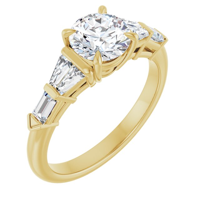 PENELOPE Solitaire Round Engagement Ring with Tapered & Straight Baguettes - 18K Yellow Gold - View 1