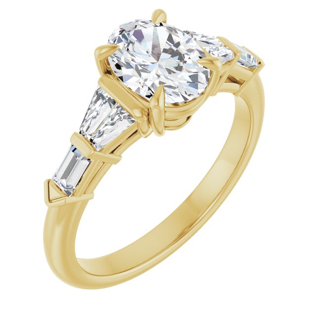 PENELOPE Solitaire Oval Engagement Ring with Tapered & Straight Baguettes - 18K Yellow Gold - View 1