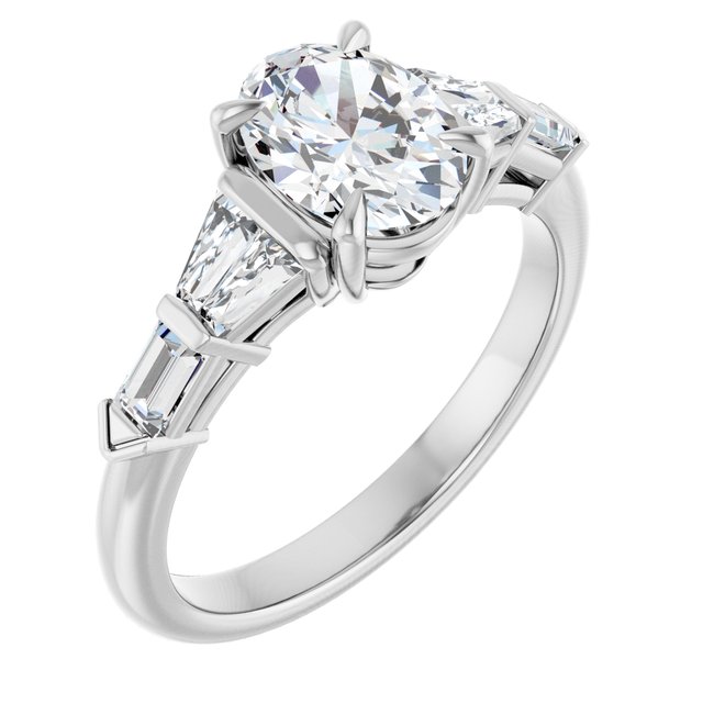 PENELOPE Solitaire Oval Engagement Ring with Tapered & Straight Baguettes - Platinum - View 1
