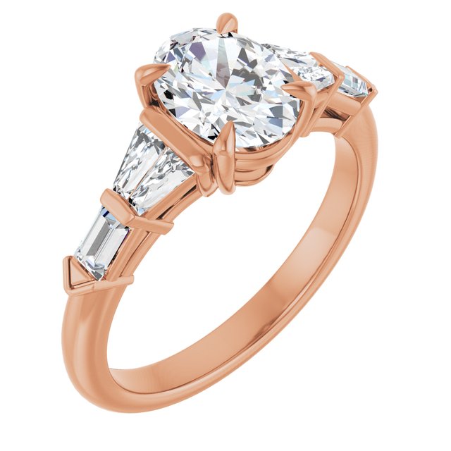 PENELOPE Solitaire Oval Engagement Ring with Tapered & Straight Baguettes - 18K Rose Gold - View 1